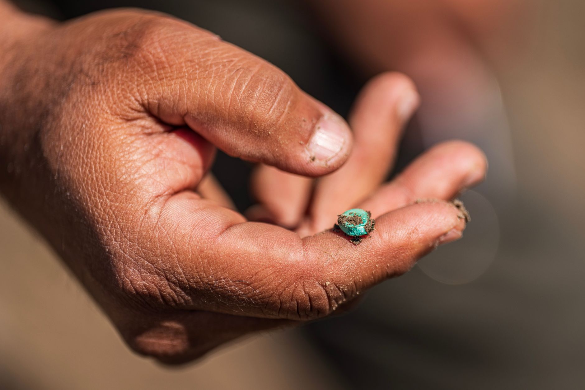 rough blue turquoise specimen on dry desert soil